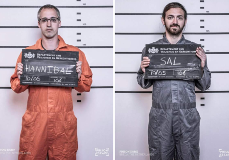 men wearing prison jumpsuits for mugshots at prison escape game in Breda